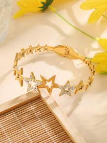 1 Stück Modische Edelstahlgold & Strass Dekor Sternform Offene Armspange Armband Für Frauen, Mädchen Straßenkleidung, Brautjungferngeschenk