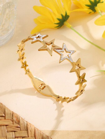 1pc Fashionable Stainless Steel Gold & Rhinestone Decor Star Shaped Open Bangle Bracelet For Women, Girls Streetwear, Bridesmaid Gift