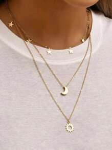 1件个性化可叠戴独特奢华品质星月日锁骨链，混搭款式 - 金黃色 - 查看 1