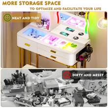Lvifur RGB Makeup Vanity Table with Mirror and Lights, Glass Top Vanity Desk with 24 Color Dimmable Lights, Auto Sensor Dressing Table with Wireless Charging and Stool