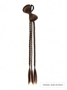 20Inch Synthetic Long Ponytail With Bow Braid, Bun Ends With Rubber Bands And Three Braids. - Light Brown - View 2