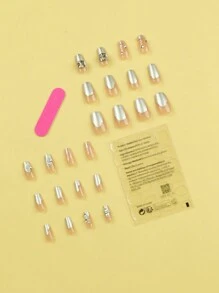 24入組短款芭蕾形珍珠壓紋閃粉甜美指甲貼紙，可重複使用的日常佩戴套裝，讓您的指甲更美麗 - 彩色 - 查看 2