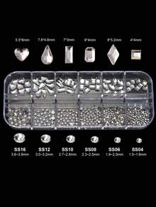 1 hộp/12 lưới Kích thước và hình dạng hỗn hợp Thạch anh thủy tinh tròn màu trắng đáy phẳng để trang trí móng tay nghệ thuật DIY, thích hợp cho phụ nữ và trẻ em gái Thiết kế làm móng hàng ngày - trắng - Xem 6