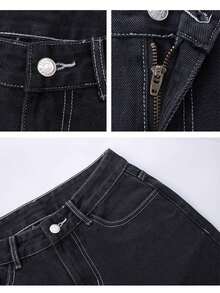 Women's Low Rise Straight Leg Baggy Jeans - Czarne - Zobacz 4