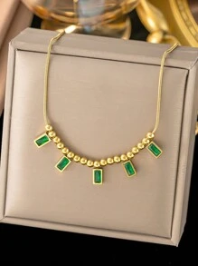 1條金調極簡主義歐美風不鏽鋼蛇骨項鍊,配綠色立方氧化鋯石飾及方形吊墜,時尚珠寶 - 金黃色 - 查看 1