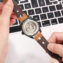 FENSIR 1入組男士機械手錶復古時尚雕空陀飛輪自動上鍊手錶,帶夜光和黑色皮帶 - 完美適用於歐美風格的日常服裝和裝飾 - 黑色 - 查看 3