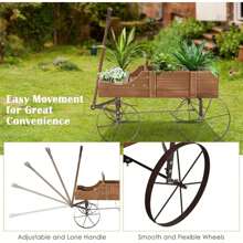 Flower Trolley With Metal Wheels, Wooden Flower Stand, Wooden Trolley For Flowers & Plants, Flower Box, Plant Stand For Garden & Terrace & Outdoor, Shelf For Flower Pot (Brown) - 棕色 - 查看 2