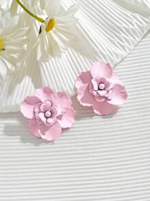 1對極簡3d花朵形狀耳釘,高端感,適合女士 - 粉色 - 查看 3