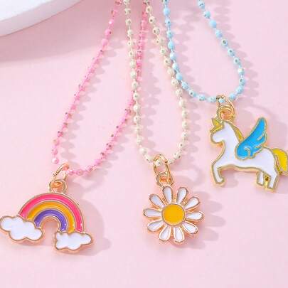 3 件/套可愛彩虹雛菊和獨角獸吊墜串珠項鍊適合小女孩日常佩戴