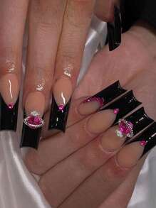 24pcs Long Coffin Rhinestone Planet Decor Fake Nail & 1sheet Tape & 1pc Nail File - Multicolor - View 1