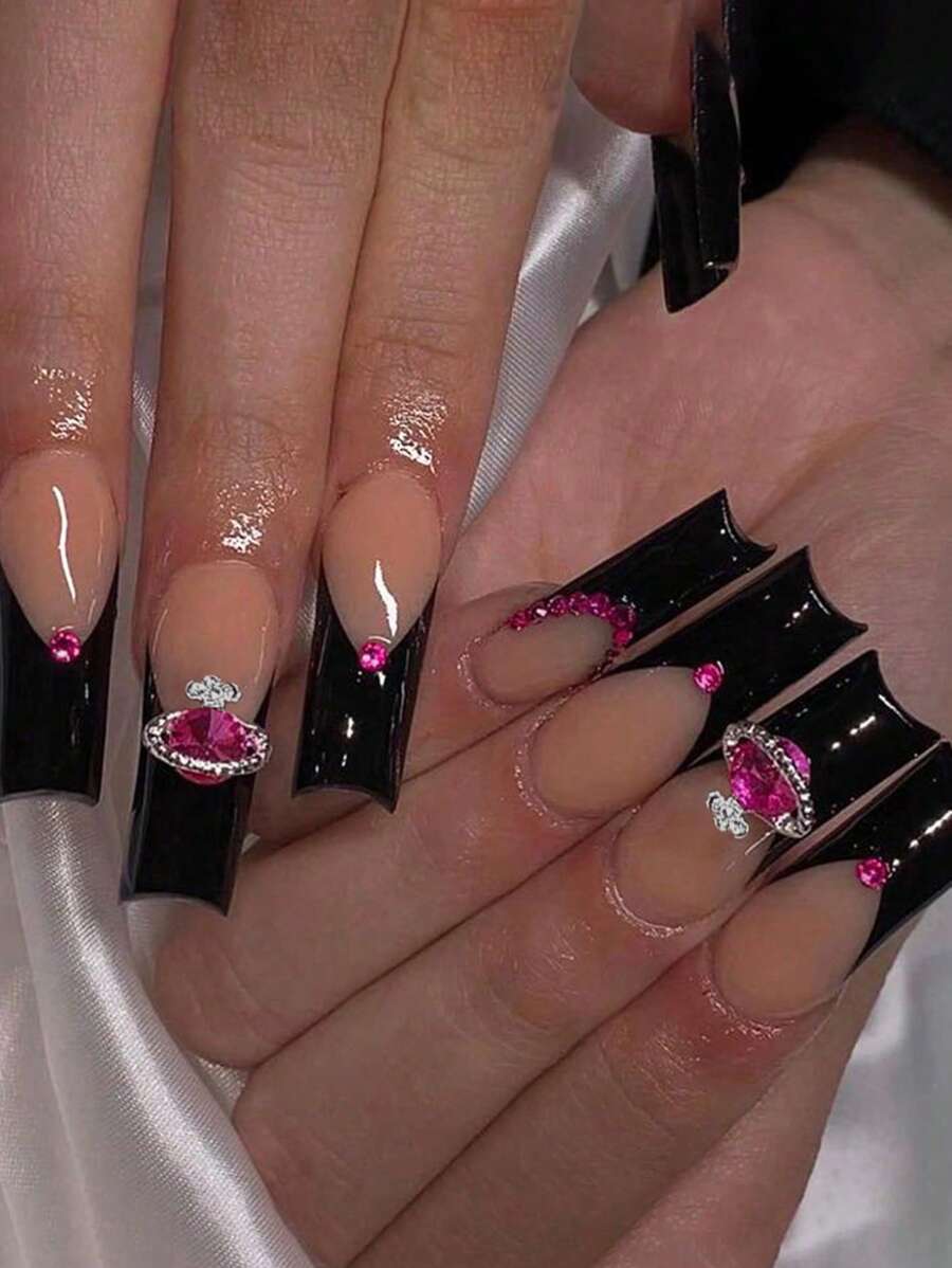 24pcs Long Coffin Rhinestone Planet Decor Fake Nail & 1sheet Tape & 1pc Nail File - Multicolor - View 1