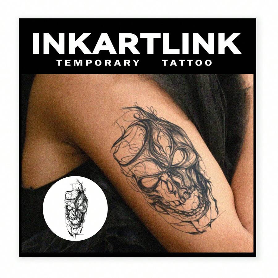 Inkartlink 8*17cm 1 件墨骷髏草藥汁紋身貼紋身 15 天紋身半永久紋身逼真假紋身持久 1-2 週 - 黑色 - 查看 1