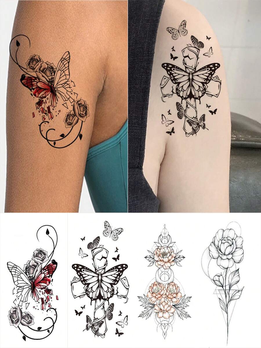 4 張/套素描花蝴蝶和幾何圖案男士女士臨時紋身貼紙,適合手腕腳踝肩部日常和度假使用 - 黑色 - 查看 1