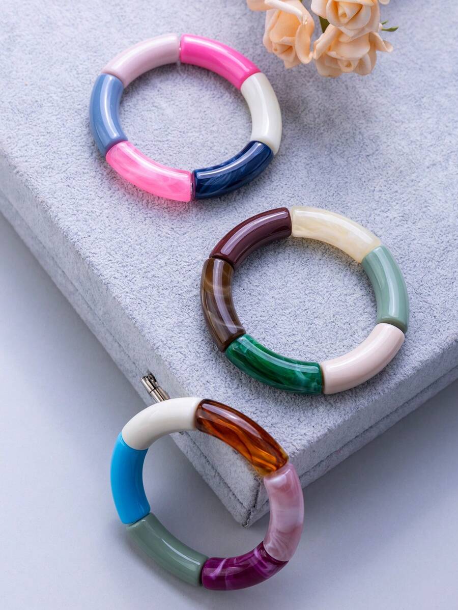 1pc Acrylic Multicolor Bent Tube Shape Beaded Bracelet, Suitable For Couples, Parents, Teachers As High-End, Versatile, Thanksgiving Gift For Daily Wear - Colorful - View 1