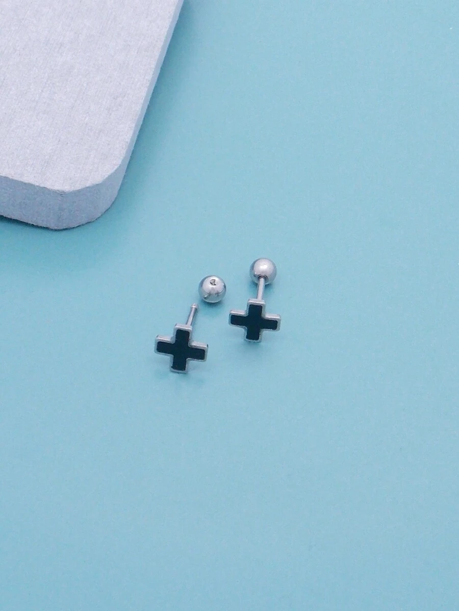 1pair Fashionable Simple Stainless Steel Stud Earrings, Unisex, Cool All-Match Ear Jewelry - Love Money - View 1