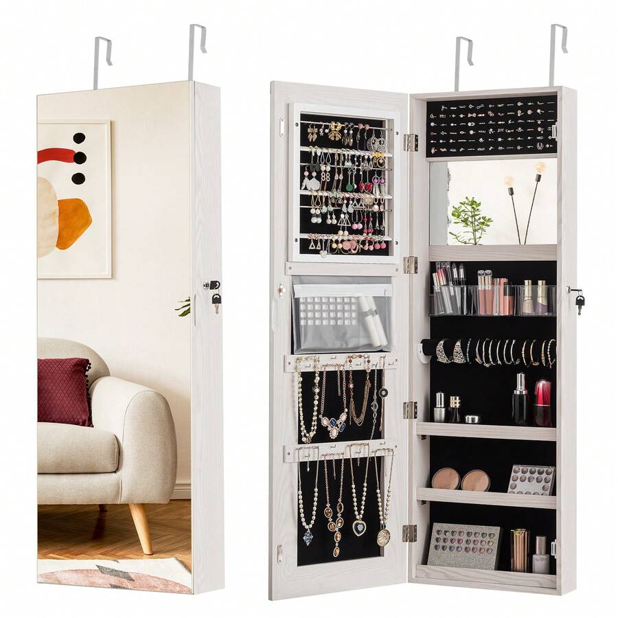 Lockable Storage Jewelry Cabinet with Frameless Mirror-White - White - View 1