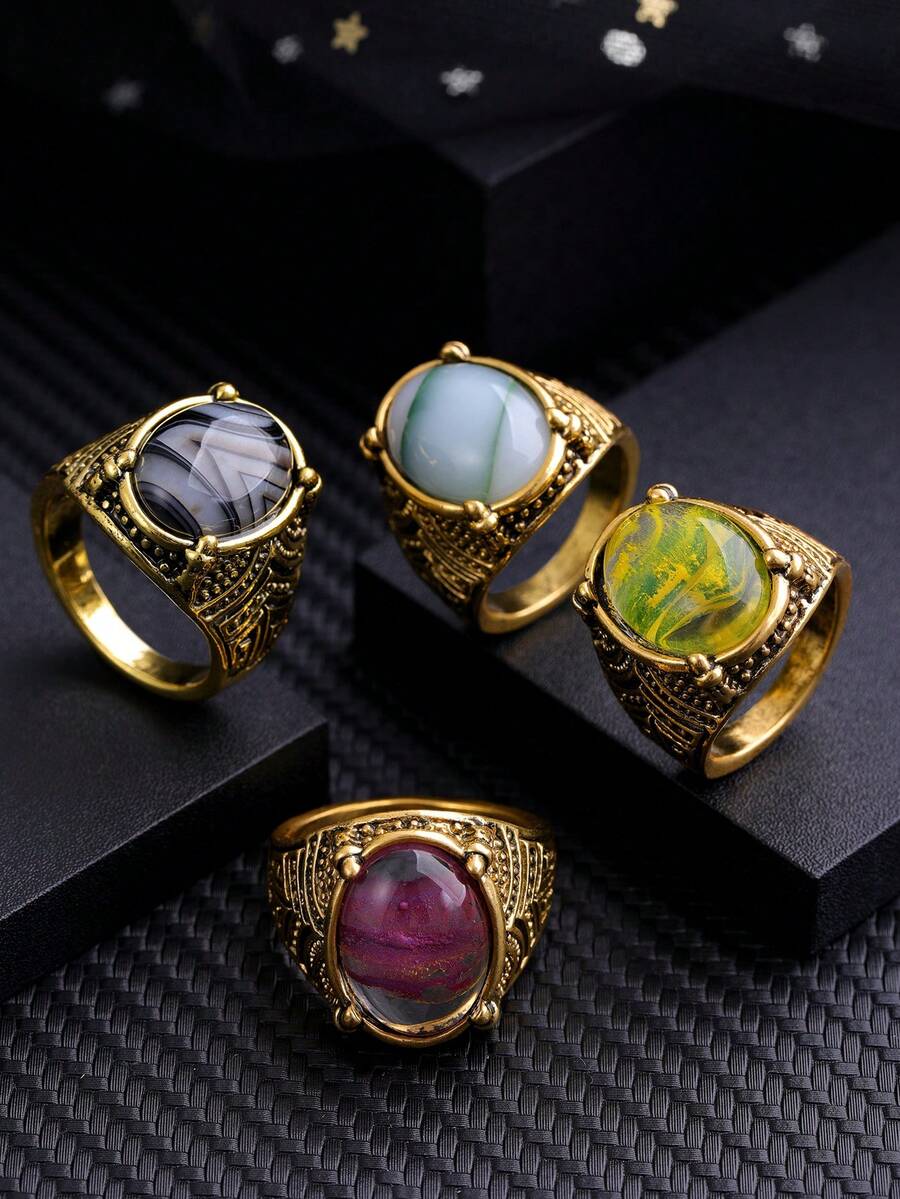 歐美時尚運動潮流男士天然黑色瑪瑙石彩色石頭復古華麗男戒