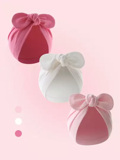 3 件/組男女通用嬰兒軟蝴蝶結無結帽子新生兒帽,無簷帽套裝