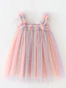 Baby Girls' Elegant Cute Sleeveless Strap Gradient Color Star Moon Applique Pink Comfortable Dress, Birthday Party, Baby Clothes, Christmas - Pink - View 7