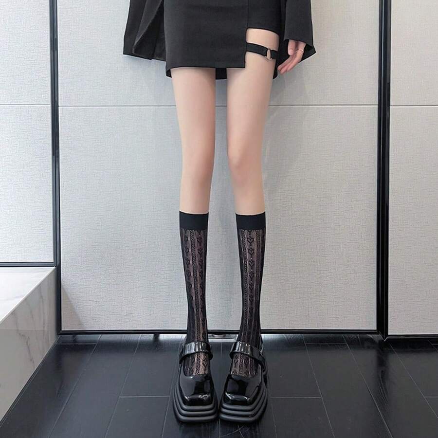1對黑色蘿莉塔白襪子女士短款中筒細愛心波點牛仔襪jk Loli日式超薄純黑色 - 黑色 - 查看 1