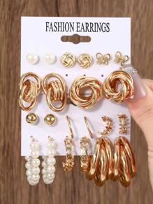 22件套几何简约仿珍珠耳环套装，适合女性度假、约会、送礼和日常佩戴 - 金色 - 查看 18