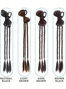 20英寸合成長辮馬尾,帶有蝴蝶結辮,髮髻尾部配橡皮筋和三股辮 - 黑色 - 查看 3