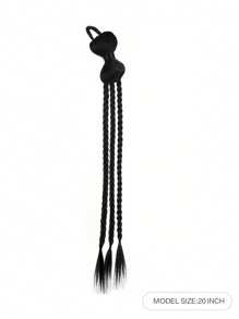 20英寸合成長辮馬尾,帶有蝴蝶結辮,髮髻尾部配橡皮筋和三股辮 - 黑色 - 查看 2