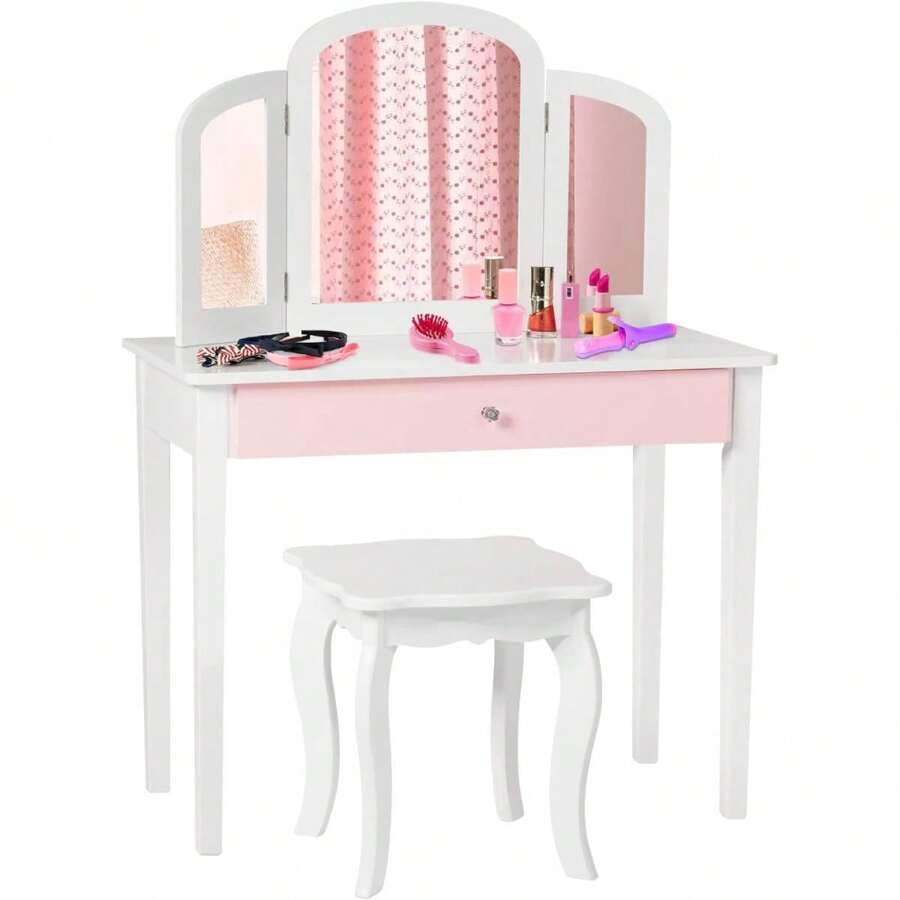 2 In 1 Children's Dressing Table/Desk, Dressing Table & Chair, Cosmetic Table With Removable 3-Fold Mirror & Drawer, Padded Stool, Made Of Wood, In Country House Style, For Children's Room (White)