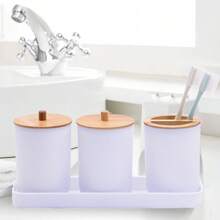 1pc, 9PCS Bathroom Accessories Set, Bathroom Decor, Plastic & Bamboo Bath Ensemble Kit with Lotion Dispenser, Toothbrush Holder, Toothbrush Cup, Soap Dish, Toilet Brush & Holder, Trash Can, Birthday, holiday, housewarming, Christmas gift set, Available in three colors: black, and white - White - View 3