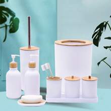 1pc, 9PCS Bathroom Accessories Set, Bathroom Decor, Plastic & Bamboo Bath Ensemble Kit with Lotion Dispenser, Toothbrush Holder, Toothbrush Cup, Soap Dish, Toilet Brush & Holder, Trash Can, Birthday, holiday, housewarming, Christmas gift set, Available in three colors: black, and white - White - View 2