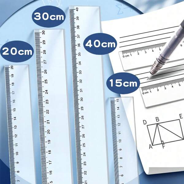 1 riglă acrilică transparentă de înaltă precizie cu dimensiuni multiple (15/20/30/40cm) pentru birou și studiu, instrument de măsurare a desenului îngroșat