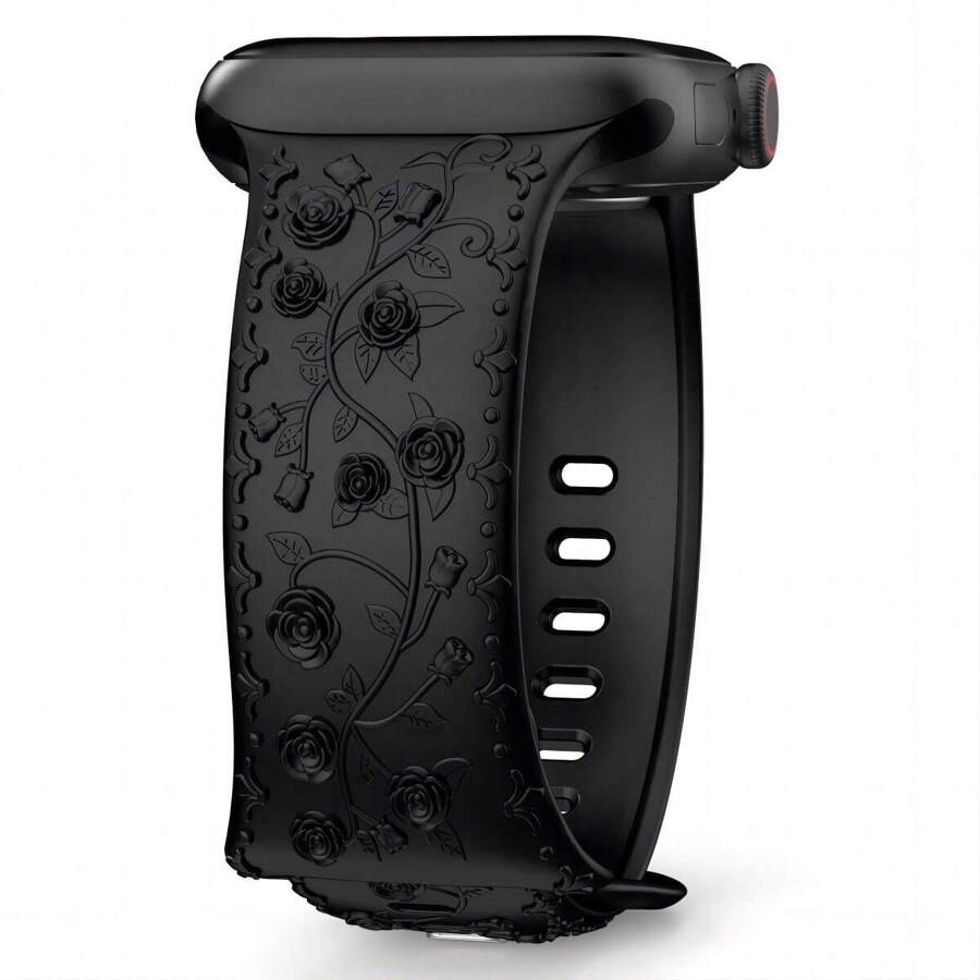 Unbeinst 1 件硅胶压花玫瑰腕带，女式防水运动表带，兼容 Apple Watch Series 10/9/8/7/6/5/4/3/2/1/Ultra 2/Ultra/SE - 黑色 - 查看 1