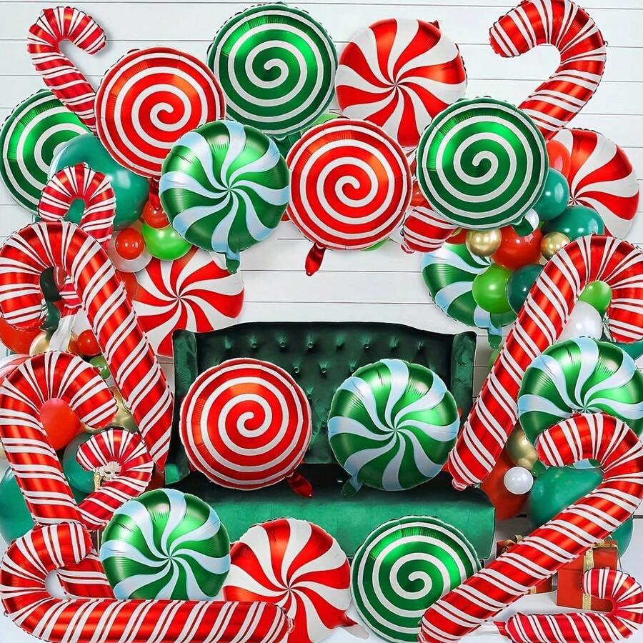 36pcs Christmas Candy Balloon Set, Large Cane, Swirl, Foil Balloon, Ribbon, Red & Green Polyester Film Sweet Candy Theme Balloon, Great For Christmas, Birthday And Candy Theme Party Decoration - Multicolor - View 1