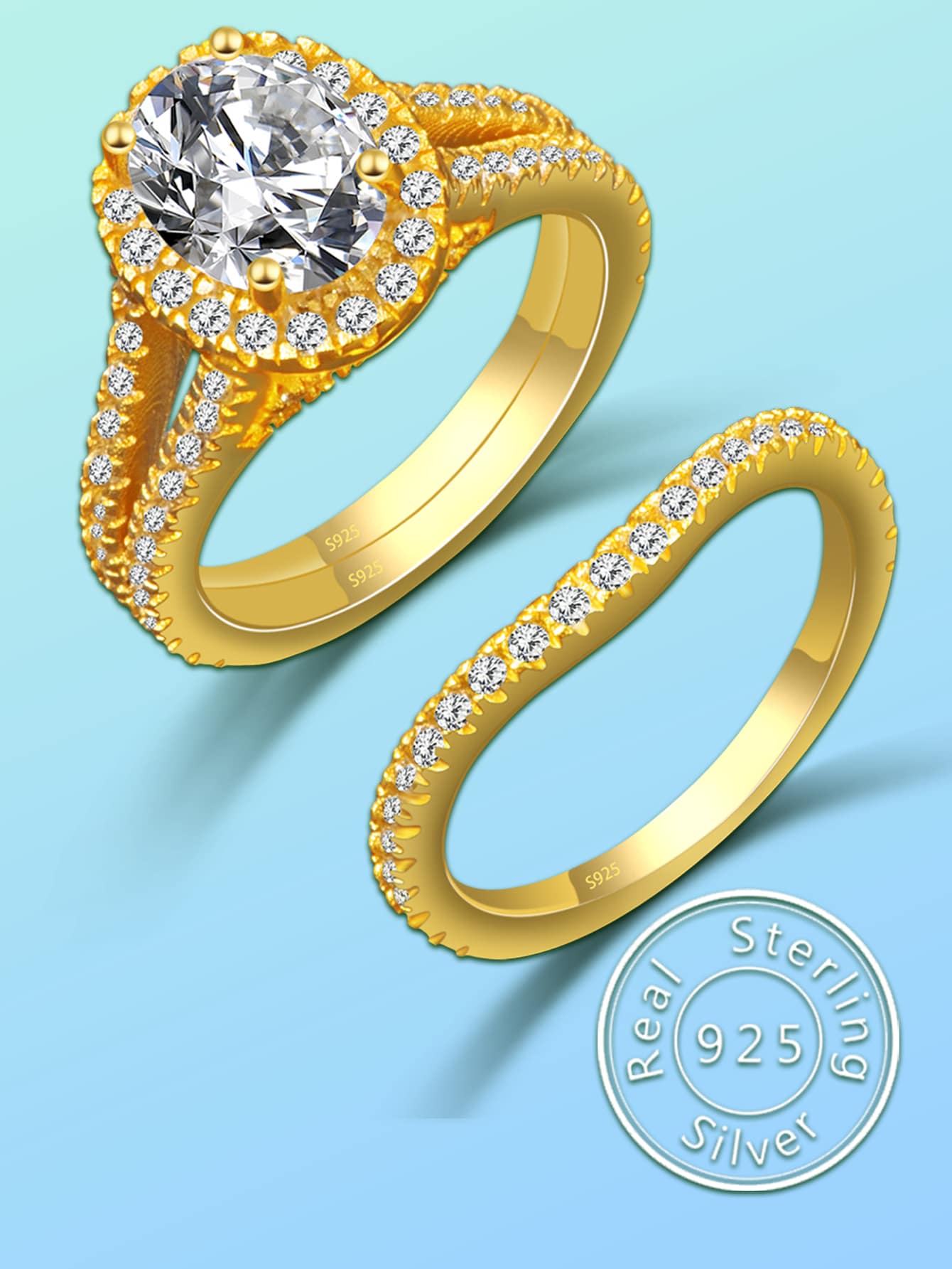 1 đôi Của phụ nữ Sang trọng Và Tinh tế Nhẫn cưới Chế tạo Của S925 Bạc nguyên chất , Quà Tặng Đính Hôn - Vàng - Xem 1