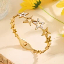 1 Stück Modische Edelstahlgold & Strass Dekor Sternform Offene Armspange Armband Für Frauen, Mädchen Straßenkleidung, Brautjungferngeschenk