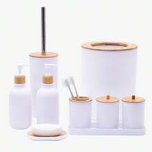 1pc, 9PCS Bathroom Accessories Set, Bathroom Decor, Plastic & Bamboo Bath Ensemble Kit with Lotion Dispenser, Toothbrush Holder, Toothbrush Cup, Soap Dish, Toilet Brush & Holder, Trash Can, Birthday, holiday, housewarming, Christmas gift set, Available in three colors: black, and white - White - View 10