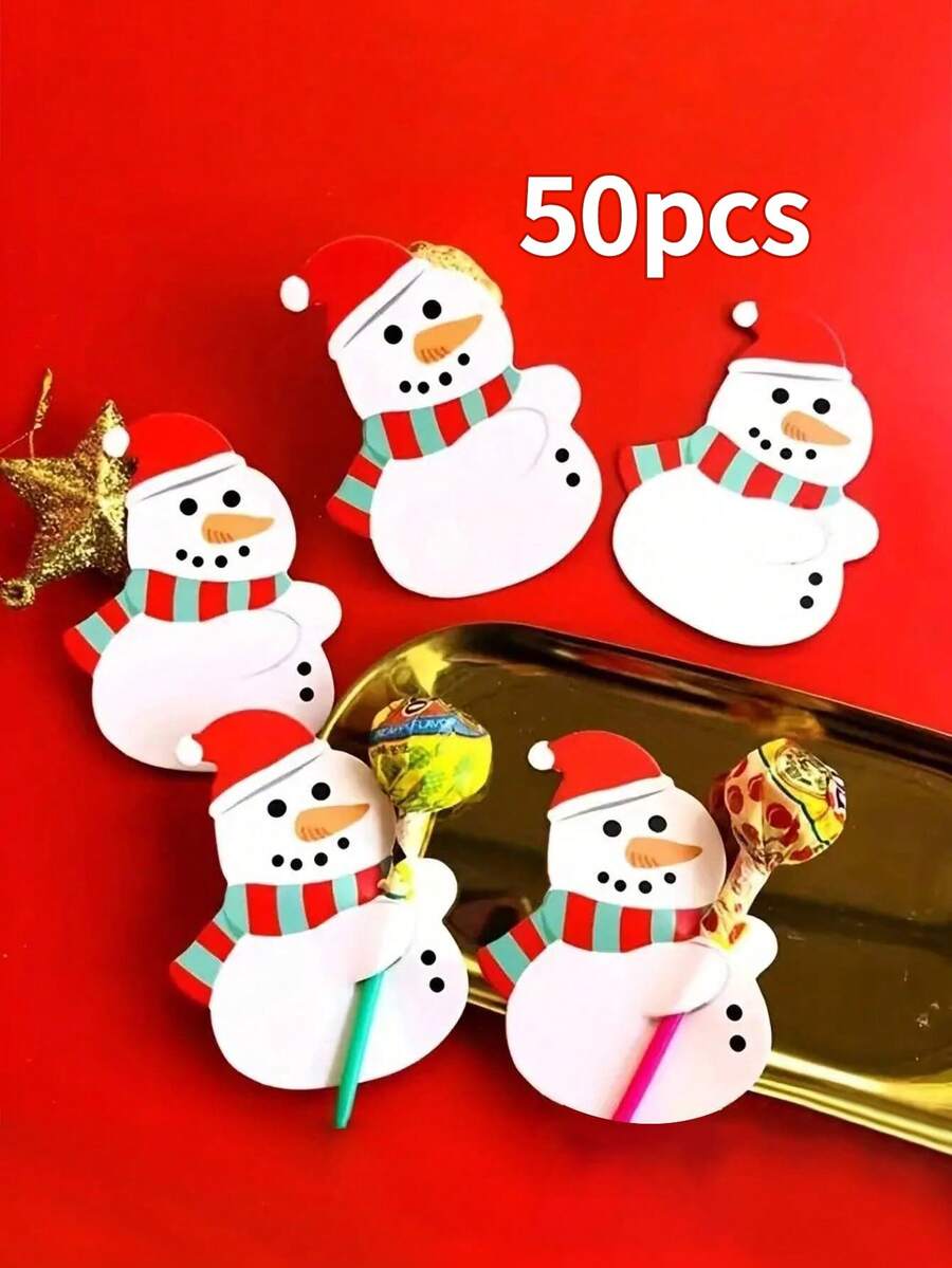 50pcs Christmas Lollipop Candy Shaped Decorative Cards With Santa And Snowman Pattern For Diy Card Making Wedding Party Gift Bags - White - View 1