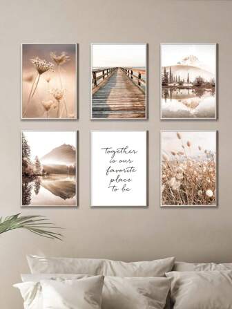 6 Pieces Beige Wall Paintings Landscape Wall Art Botanical Print Pictures Dried Grass Canvas Poster Lake Mountain Wall Art Prints Bridge Wall Poster Nordic Posters Living Room Decoration No Frame Gifts Birthday Graduation