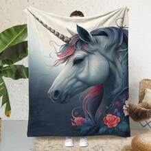 1pc Unicorn Printed Flannel Blanket, Suitable For All Seasons As Abstract Pattern Soft And Warm Sofa, Air Conditioning, And Bed Blanket - Multicolor - View 1