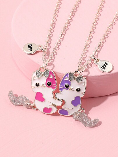 suteyi 2 adorable cats with movable tails and magnets that attract good friends and best friends BFF necklaces as gifts for children