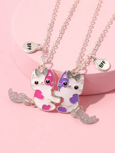 suteyi 2 adorable cats with movable tails and magnets that attract good friends and best friends BFF necklaces as gifts for children