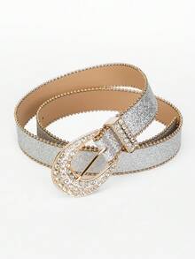 1包女性萬用鑽石釦皮帶,時尚邊緣珠鏈朋克風皮帶,裝飾牛仔褲皮帶,熱壓銀色 - 銀色 - 查看 6