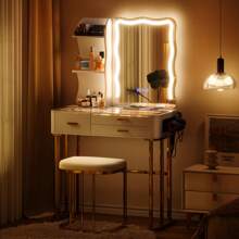 Lvifur RGB Makeup Vanity Table with Mirror and Lights, Glass Top Vanity Desk with 24 Color Dimmable Lights, Auto Sensor Dressing Table with Wireless Charging and Stool