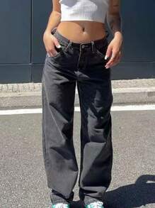 Women's Low Rise Straight Leg Baggy Jeans - Czarne - Zobacz 2