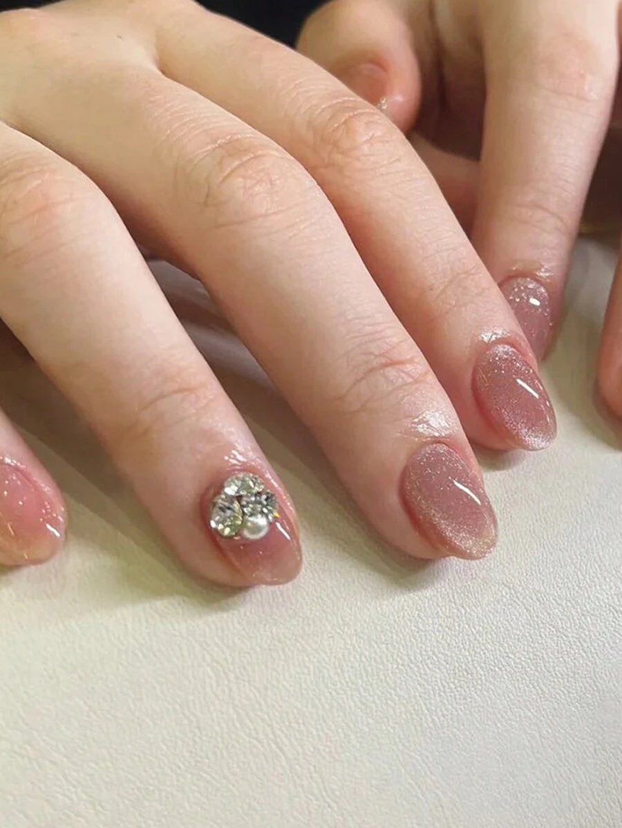 24入組短圓形單色貓眼&鑽石&閃粉設計可重複使用的假指甲組合,適用於日常或節日使用 - 彩色 - 查看 1