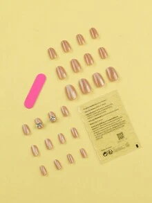 24入組短圓形單色貓眼&鑽石&閃粉設計可重複使用的假指甲組合,適用於日常或節日使用 - 彩色 - 查看 2
