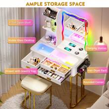 Lvifur RGB Makeup Vanity Table with Mirror and Lights, Glass Top Vanity Desk with 24 Color Dimmable Lights, Auto Sensor Dressing Table with Wireless Charging and Stool