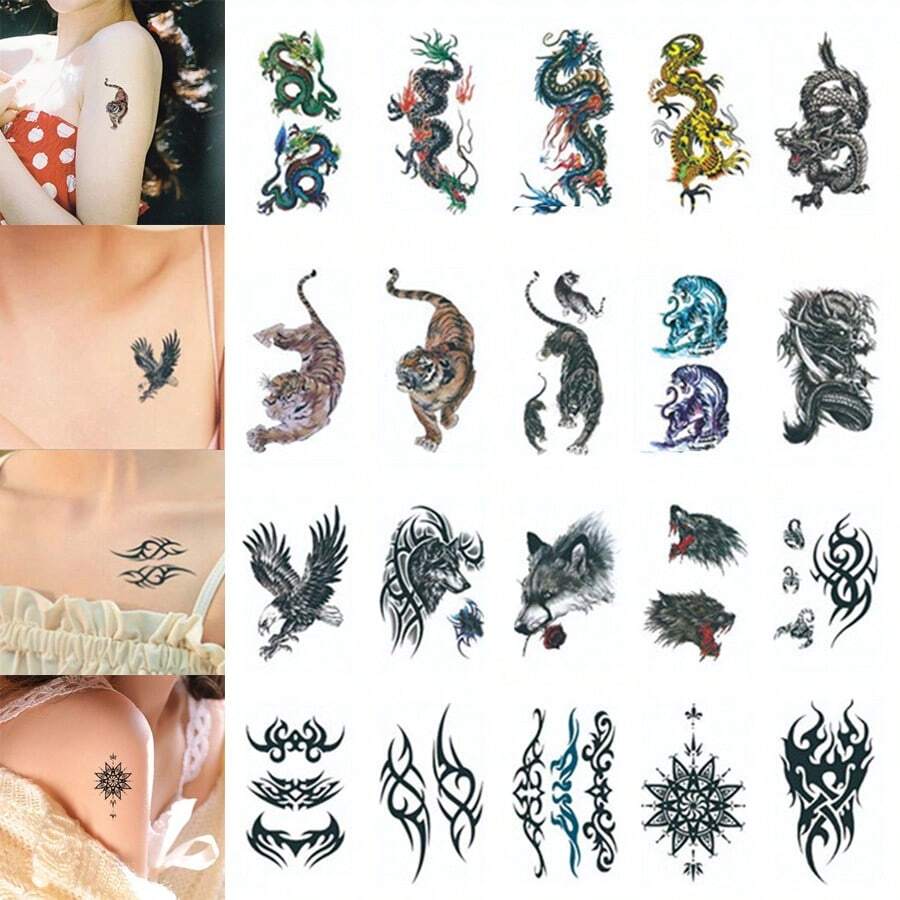 20 Design Waterproof Temporary Tattoo Sticker, Animal & Flower Arm Tattoo For Men And Women - Multicolor - View 1