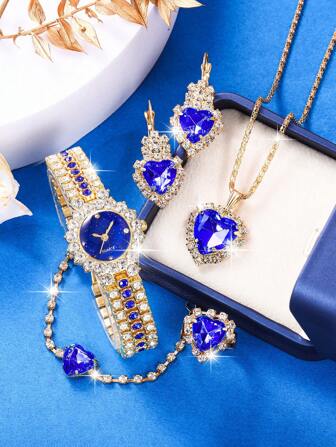 1 Set Women's Fashion Green Fully Rhinestone Quartz Watch Set, Includes Necklace, Earrings, Bracelet, Ring, Accessory Set, Suitable For Daily Wear, Birthday Gift, Party, Holiday Gathering, Ideal Gift For Yourself Or Friends. Does Not Include Gift Box.