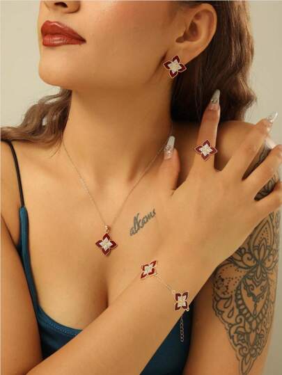 Set de 5 piezas que incluye: collar, colgante, aretes, anillo y pulsera con forma de trébol completo de cristal y diseño de rombo de aleación de zinc, accesorios de moda con diseño europeo y americano, ideal como regalo de San Valentín